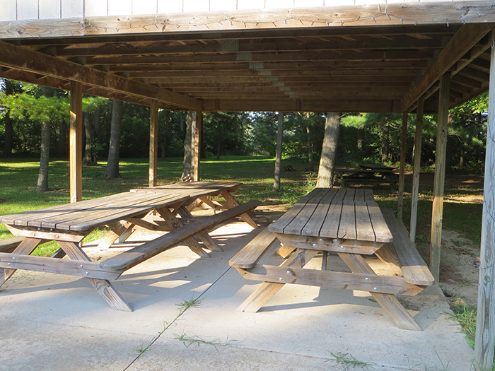 Picnic tables in pavilion